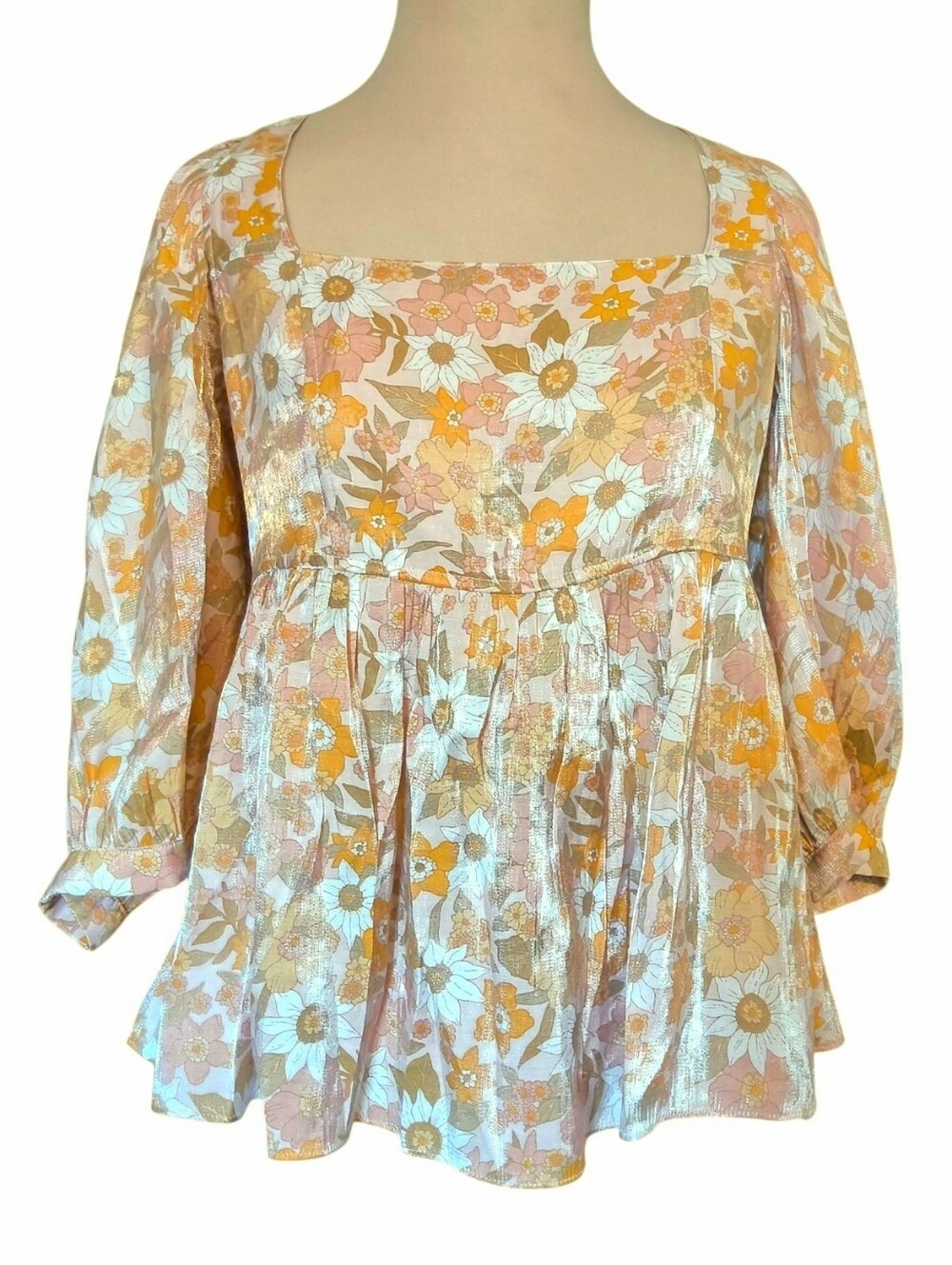 Mittoshop Floral Square-Neck Peplum Shimmer Top - Yellow, White, Pink